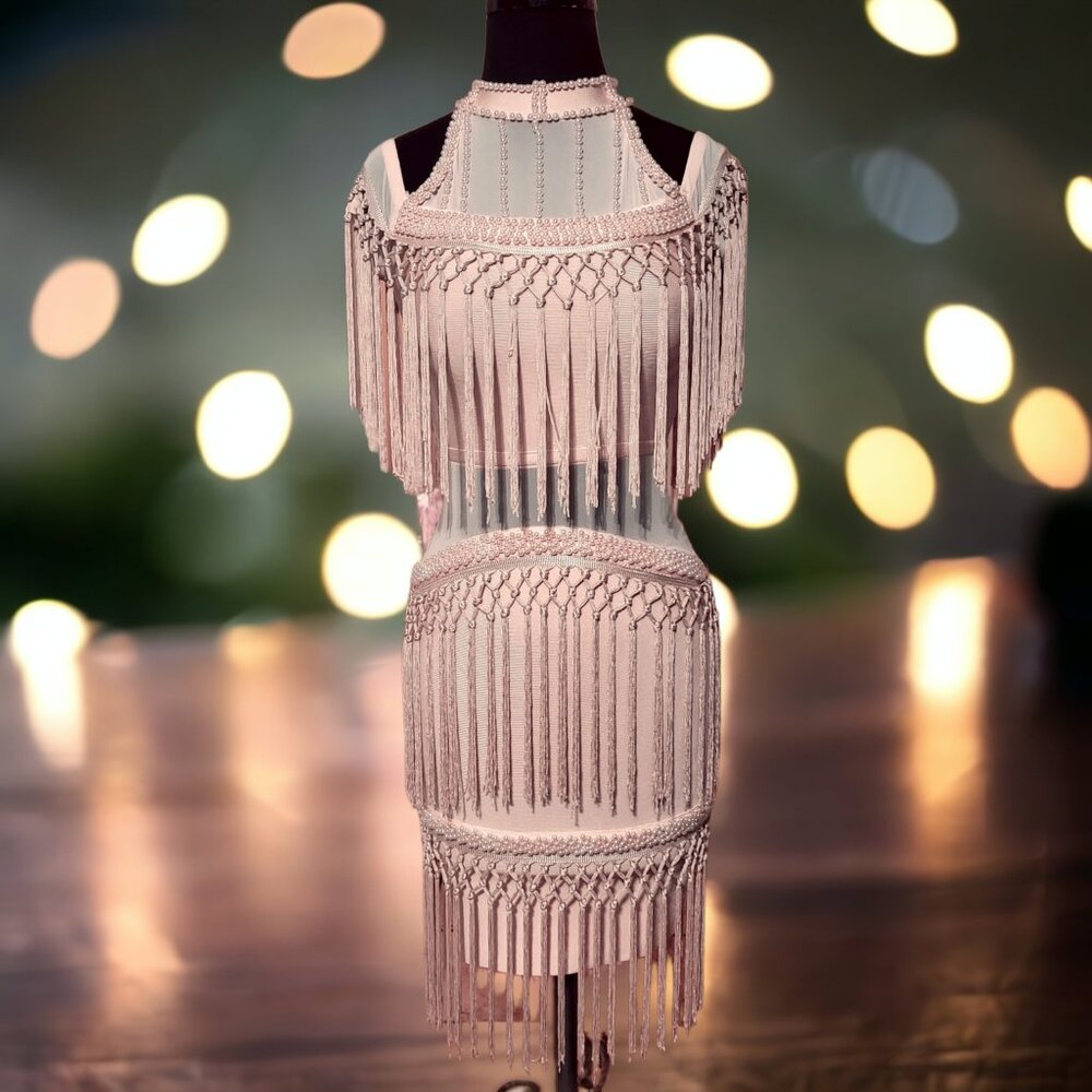 Pink Off the Shoulder Pearl Fringe Tassel Body-Con Halter Short Dress - Picture 5 of 10